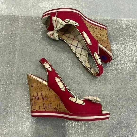 [8B]Coach Twirlino Twirling Open Toe Cork Wedges Bow  Detail Pink Plaid - Picture 2 of 10